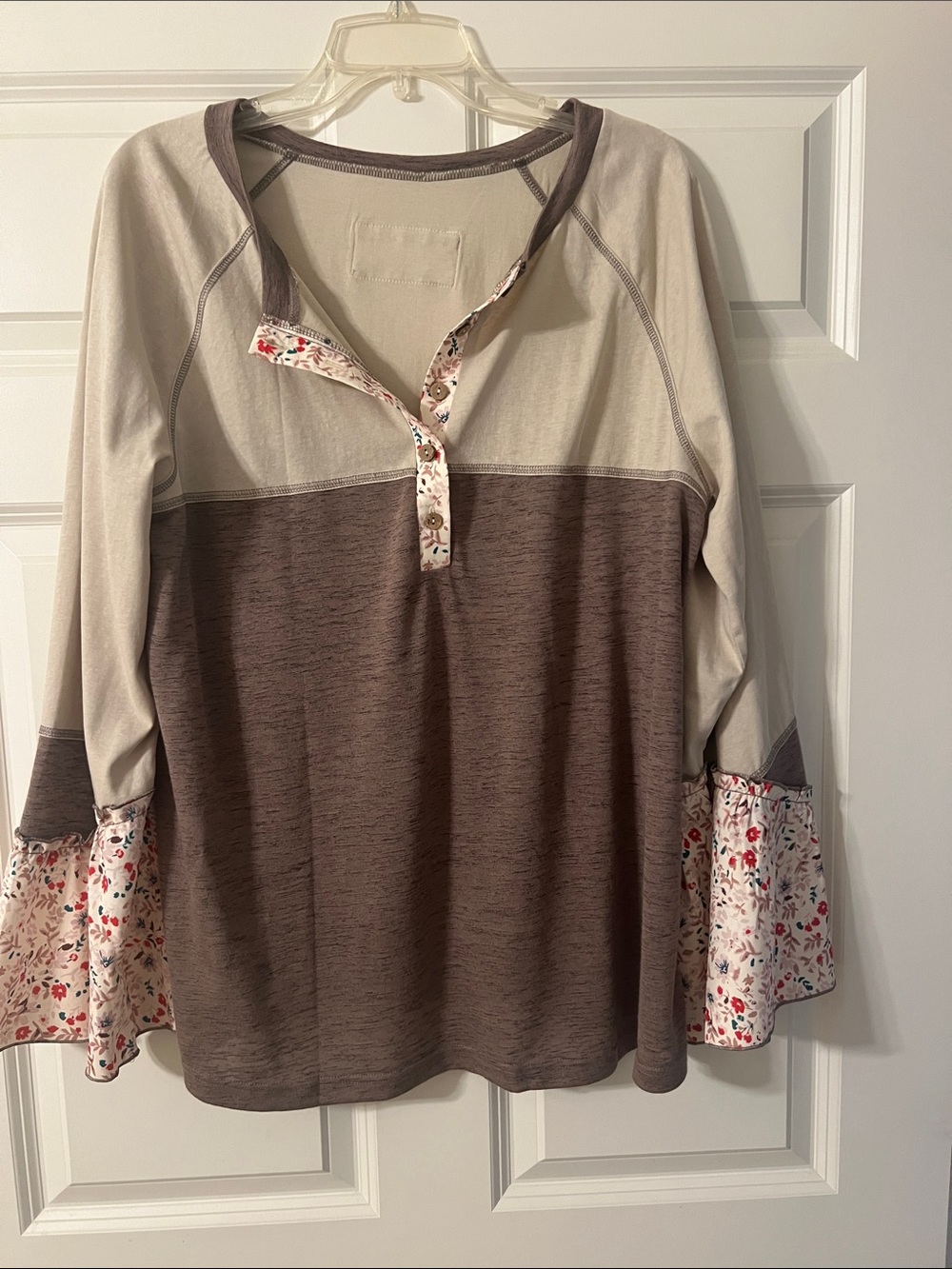 Two-Tone Brown and Cream Henley Top with Floral Trim